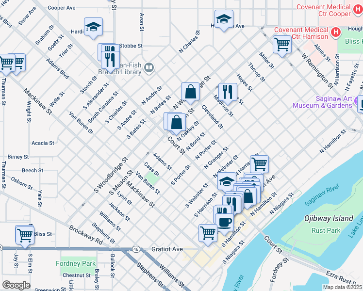 map of restaurants, bars, coffee shops, grocery stores, and more near 1200 Court Street in Saginaw