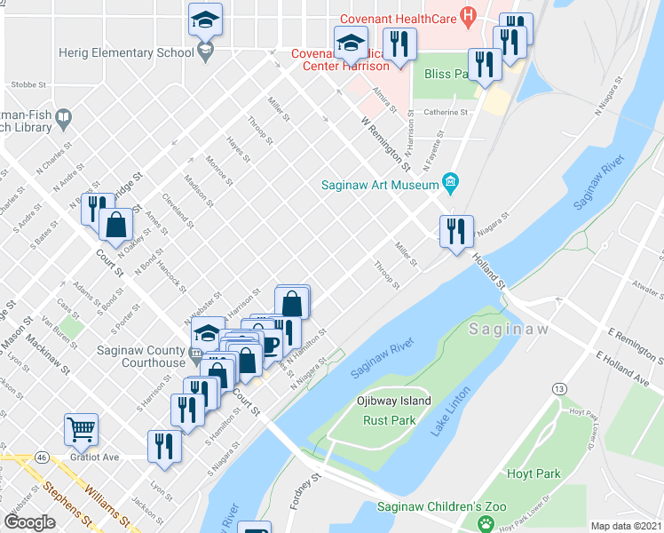 map of restaurants, bars, coffee shops, grocery stores, and more near 620 North Fayette Street in Saginaw