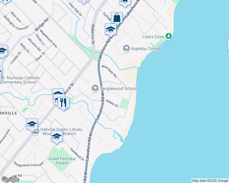 map of restaurants, bars, coffee shops, grocery stores, and more near 235 Tilford Road in Oakville