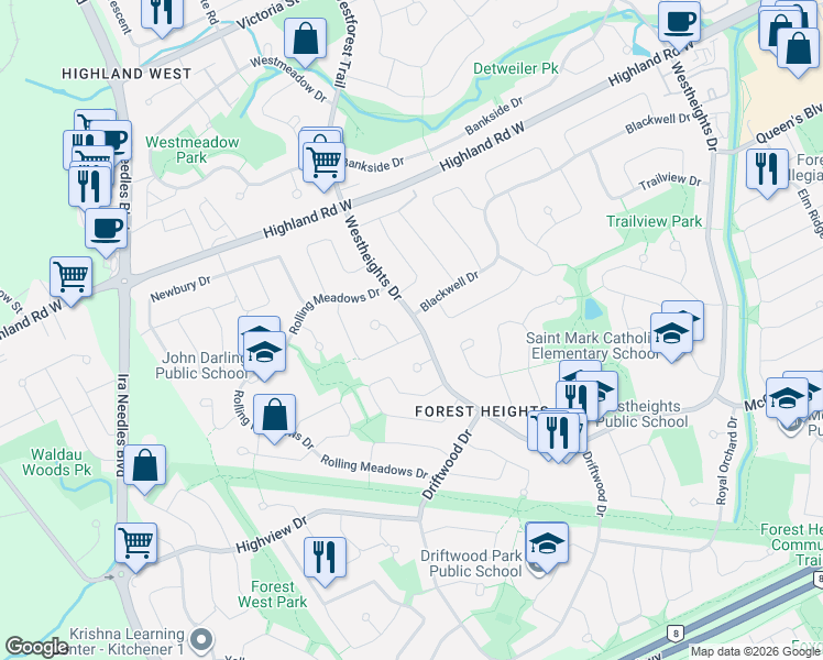 map of restaurants, bars, coffee shops, grocery stores, and more near 619 Westheights Drive in Kitchener