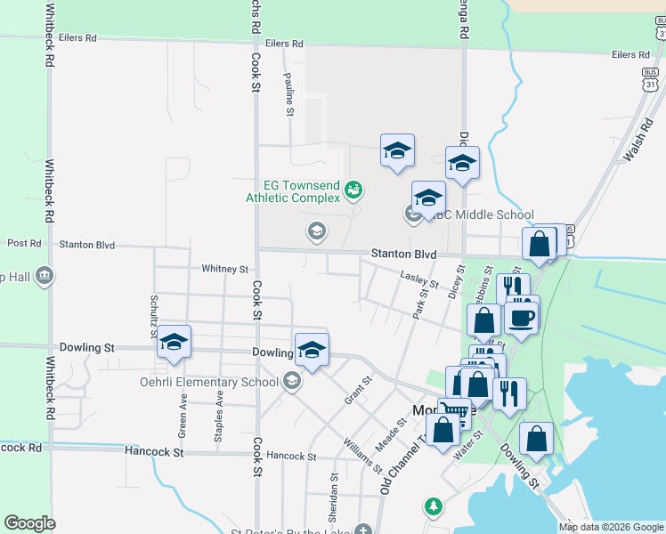 map of restaurants, bars, coffee shops, grocery stores, and more near 4849 Stanton Boulevard in Montague