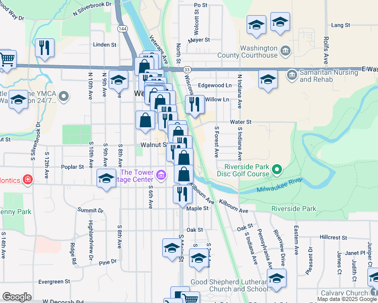 map of restaurants, bars, coffee shops, grocery stores, and more near Auxiliary Court in West Bend