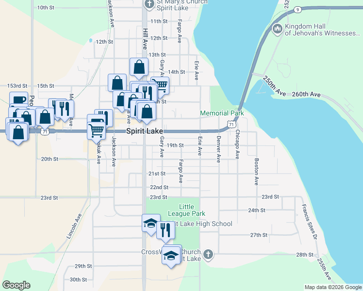 map of restaurants, bars, coffee shops, grocery stores, and more near 1901 Fargo Avenue in Spirit Lake