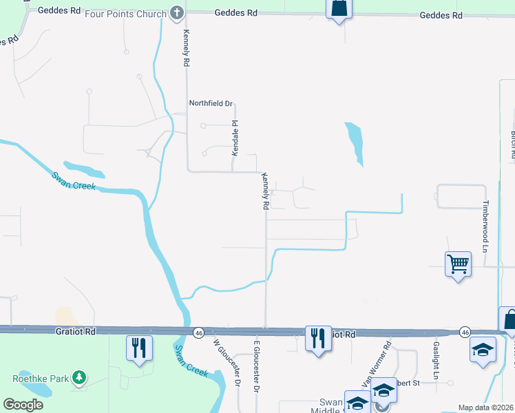 map of restaurants, bars, coffee shops, grocery stores, and more near 801 Kennely Road in Saginaw