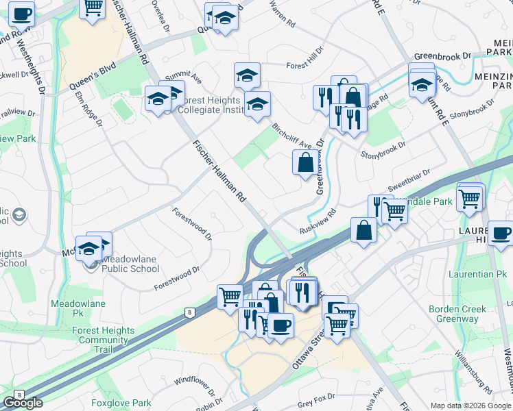 map of restaurants, bars, coffee shops, grocery stores, and more near 384 Waterloo Regional Road 58 in Kitchener