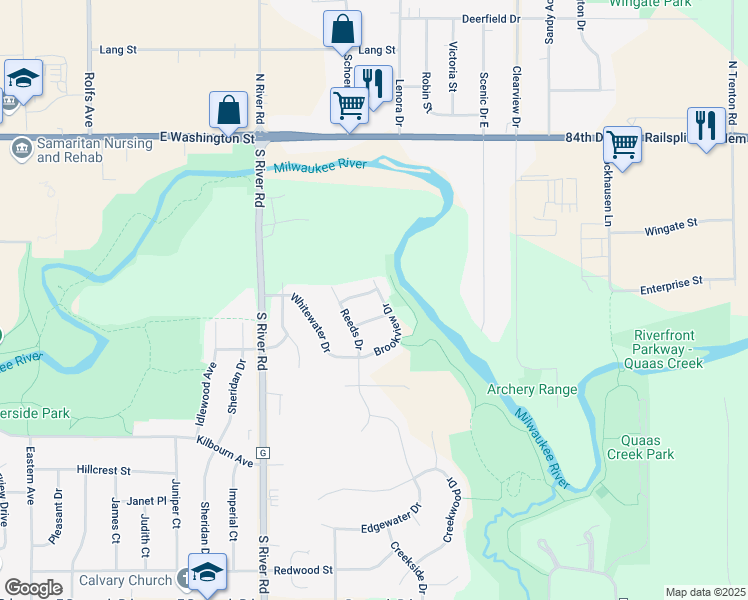 map of restaurants, bars, coffee shops, grocery stores, and more near 201 Brookview Drive in West Bend