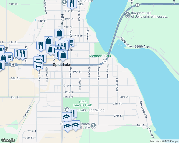 map of restaurants, bars, coffee shops, grocery stores, and more near 1899 Erie Avenue in Spirit Lake