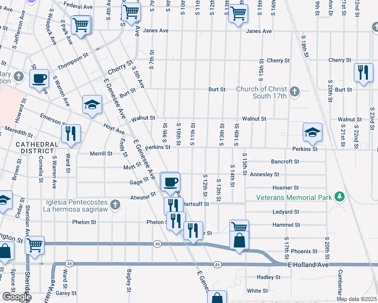 map of restaurants, bars, coffee shops, grocery stores, and more near 653 South 11th Street in Saginaw