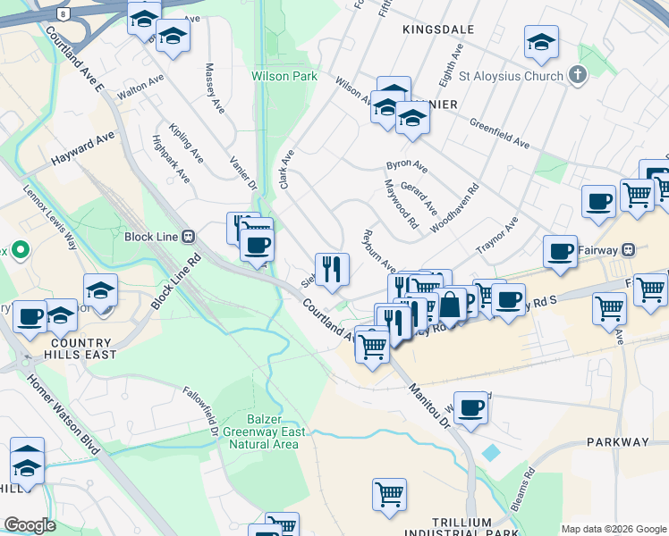 map of restaurants, bars, coffee shops, grocery stores, and more near 148 Siebert Avenue in Kitchener