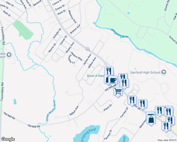 map of restaurants, bars, coffee shops, grocery stores, and more near 33 Milton Avenue in Sanford