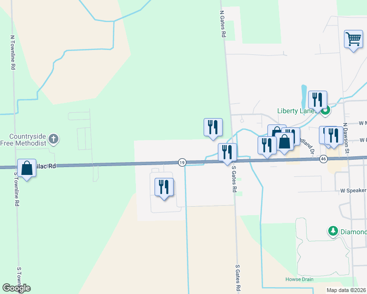 map of restaurants, bars, coffee shops, grocery stores, and more near 550 Sanilac Road in Sandusky