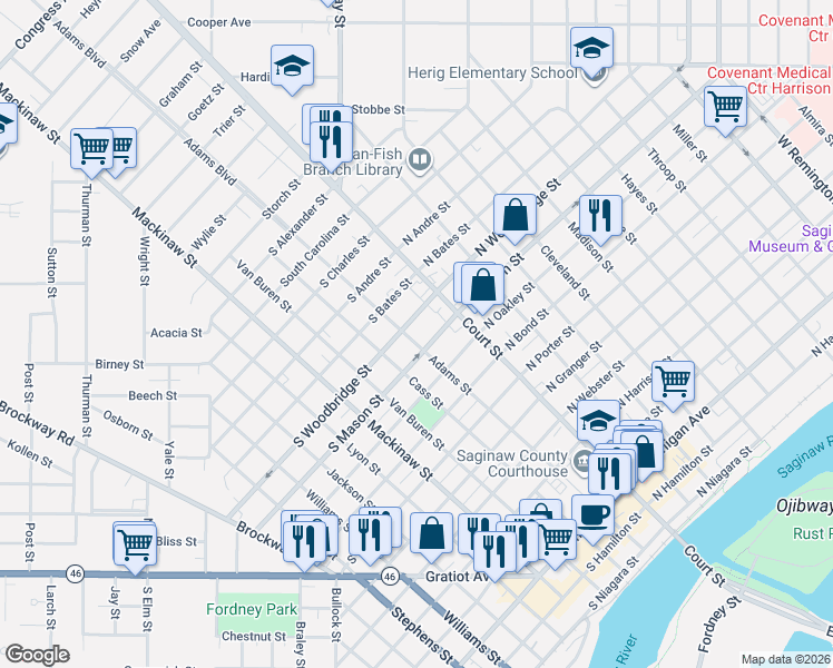 map of restaurants, bars, coffee shops, grocery stores, and more near 1400 Adams Street in Saginaw