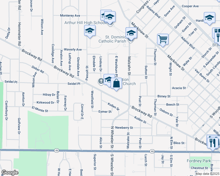 map of restaurants, bars, coffee shops, grocery stores, and more near 2020 Brockway Road in Saginaw