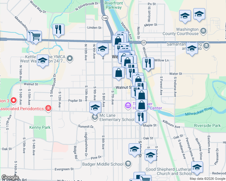 map of restaurants, bars, coffee shops, grocery stores, and more near 205 South 7th Avenue in West Bend