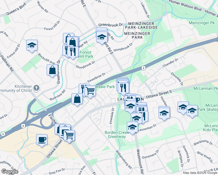 map of restaurants, bars, coffee shops, grocery stores, and more near 38 Howe Drive in Kitchener