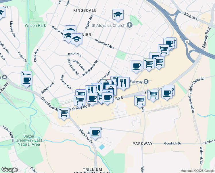 map of restaurants, bars, coffee shops, grocery stores, and more near 39 Balfour Crescent in Kitchener