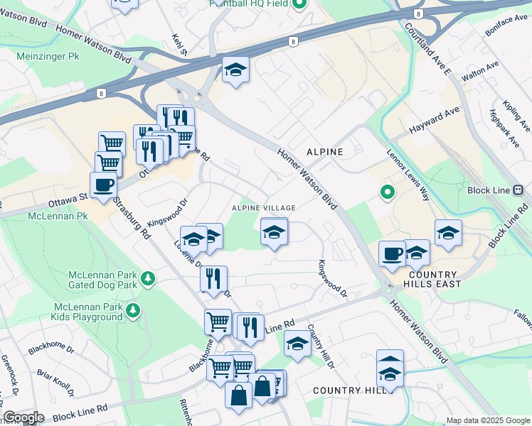map of restaurants, bars, coffee shops, grocery stores, and more near 48 Kingswood Drive in Kitchener