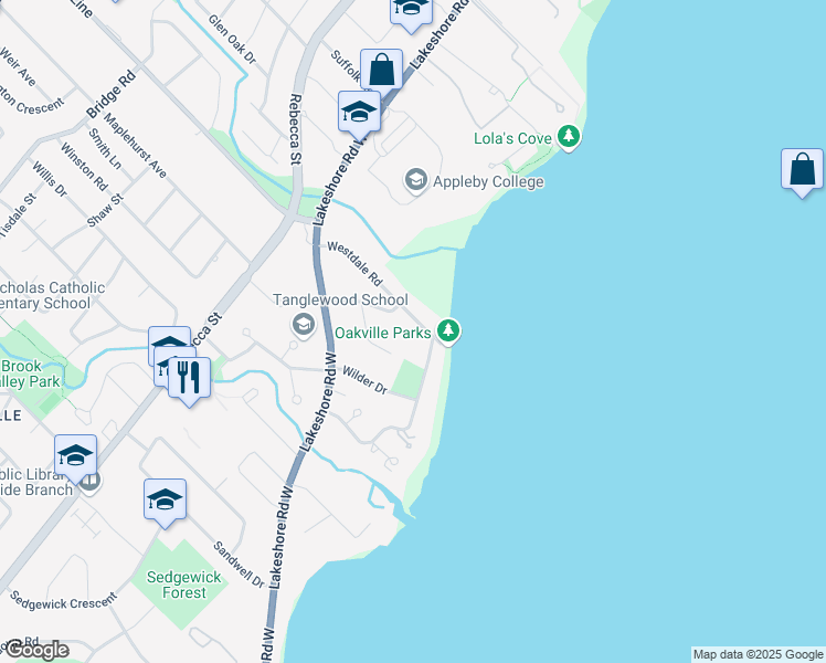 map of restaurants, bars, coffee shops, grocery stores, and more near 162 Westdale Road in Oakville