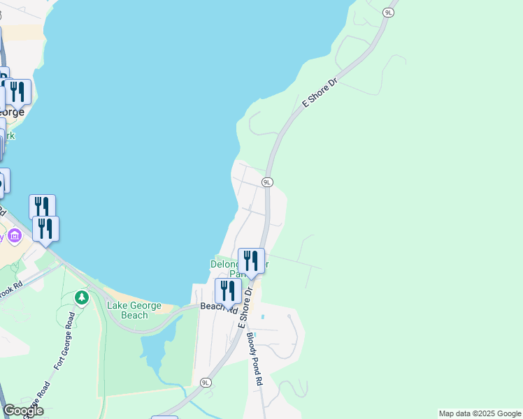 map of restaurants, bars, coffee shops, grocery stores, and more near 10 Lake Street in Lake George