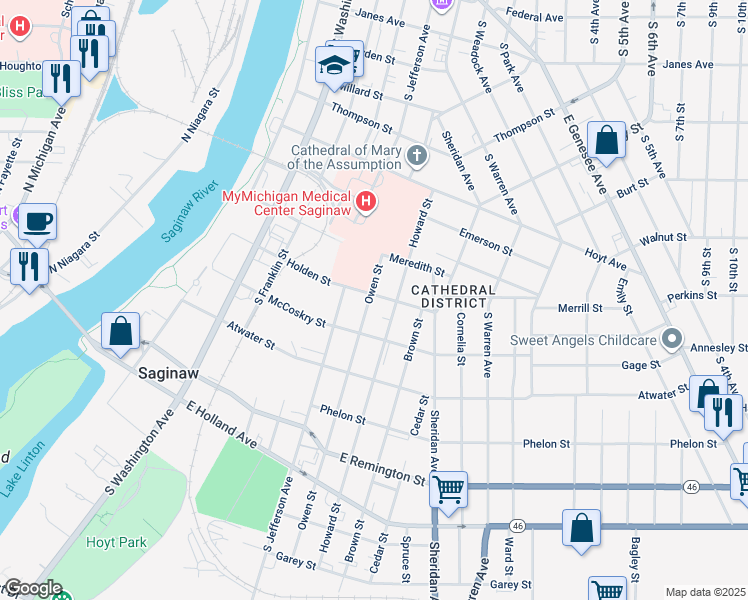map of restaurants, bars, coffee shops, grocery stores, and more near 602 Holden Street in Saginaw