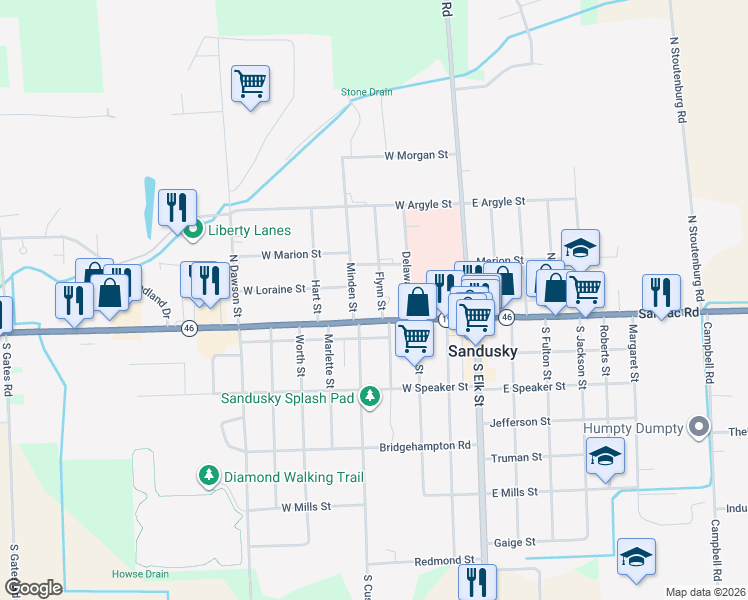 map of restaurants, bars, coffee shops, grocery stores, and more near 35 Flynn Street in Sandusky