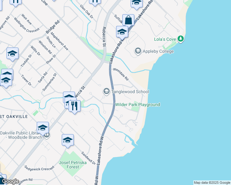map of restaurants, bars, coffee shops, grocery stores, and more near 1076 Lakeshore Road West in Oakville