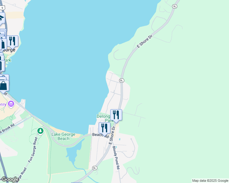 map of restaurants, bars, coffee shops, grocery stores, and more near 10 Lake Street in Lake George