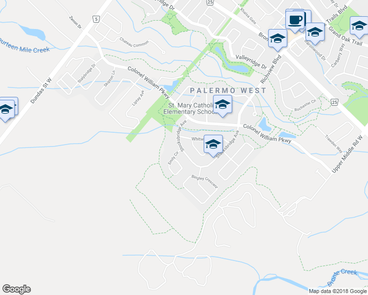 map of restaurants, bars, coffee shops, grocery stores, and more near 3323 Stocksbridge Avenue in Oakville