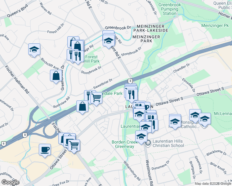 map of restaurants, bars, coffee shops, grocery stores, and more near 38 Howe Drive in Kitchener