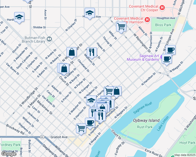 map of restaurants, bars, coffee shops, grocery stores, and more near 820 Cleveland Street in Saginaw