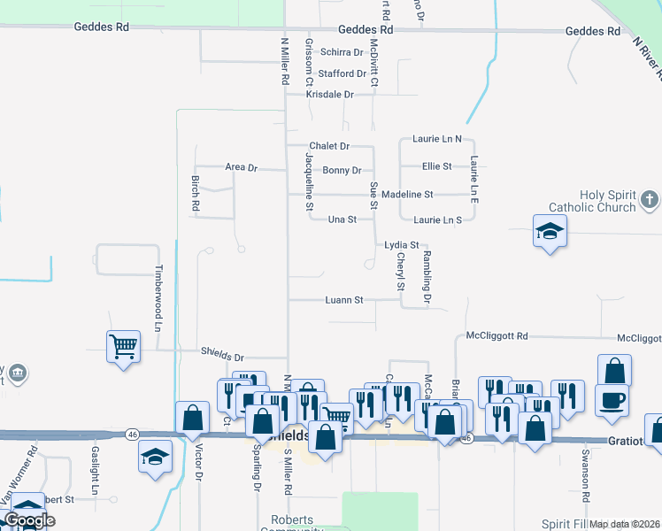 map of restaurants, bars, coffee shops, grocery stores, and more near 13 Rose Cottage Lane in Saginaw