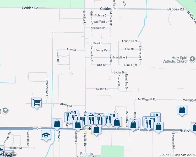 map of restaurants, bars, coffee shops, grocery stores, and more near 13 Rose Cottage Lane in Saginaw