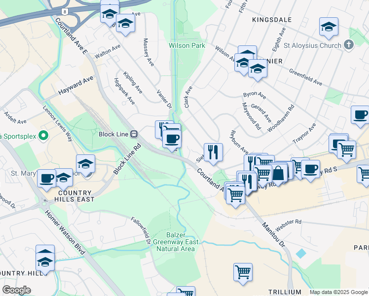 map of restaurants, bars, coffee shops, grocery stores, and more near 1200 Courtland Avenue East in Kitchener