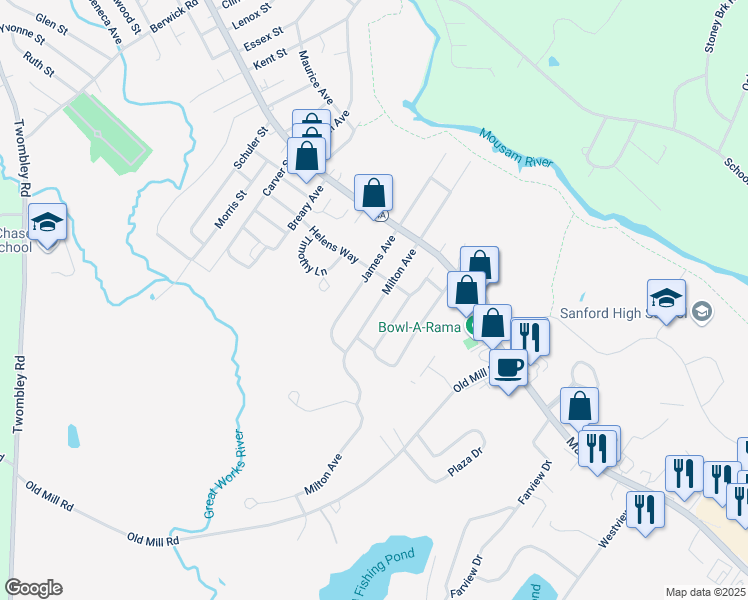 map of restaurants, bars, coffee shops, grocery stores, and more near 33 Milton Avenue in Sanford
