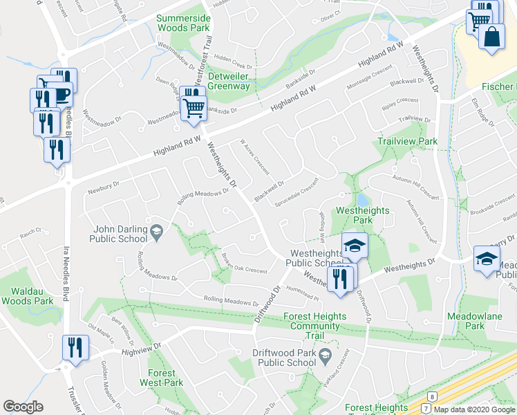 map of restaurants, bars, coffee shops, grocery stores, and more near 619 Westheights Drive in Kitchener