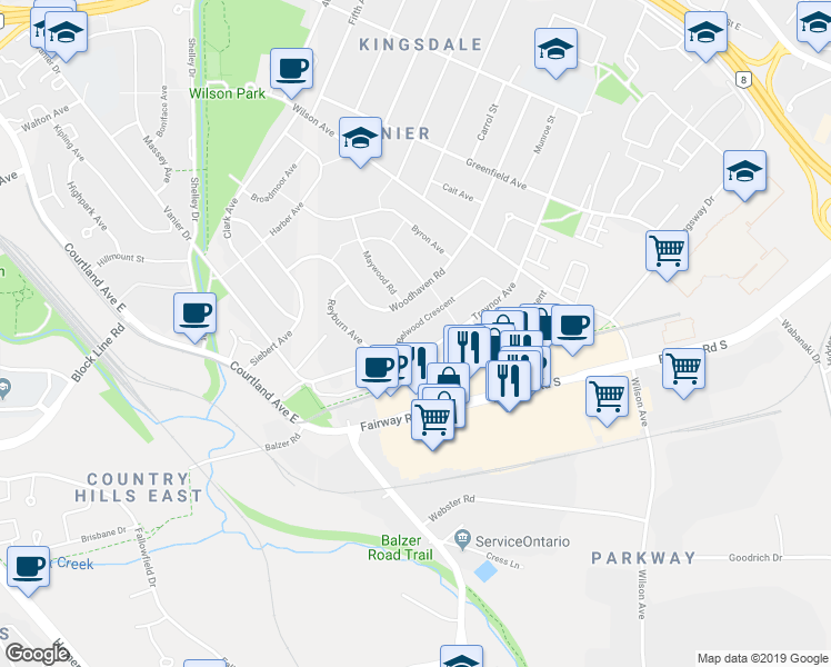 map of restaurants, bars, coffee shops, grocery stores, and more near 111 Belwood Crescent in Kitchener