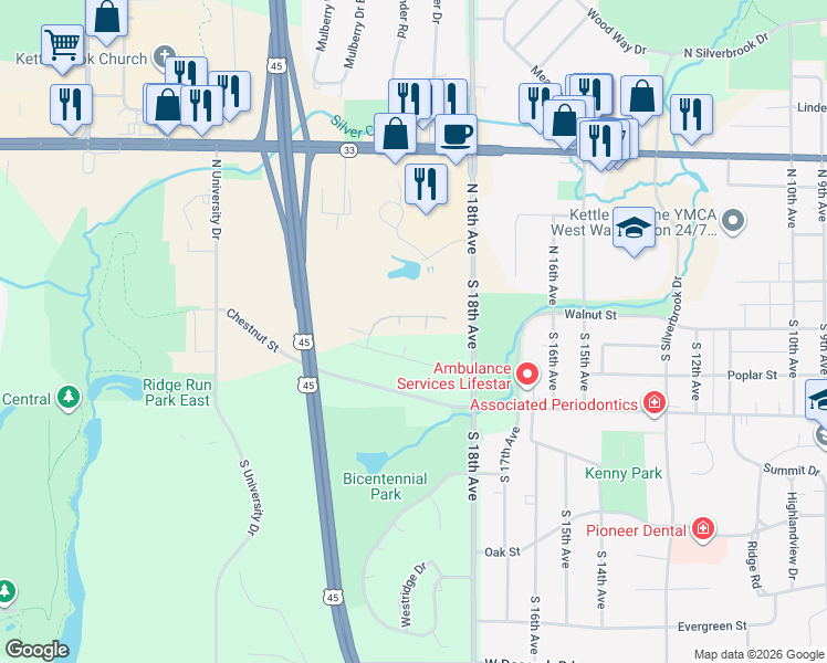 map of restaurants, bars, coffee shops, grocery stores, and more near 1911 Hilltop Drive in West Bend