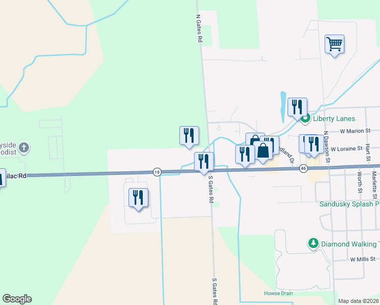 map of restaurants, bars, coffee shops, grocery stores, and more near 550 Sanilac Road in Sandusky