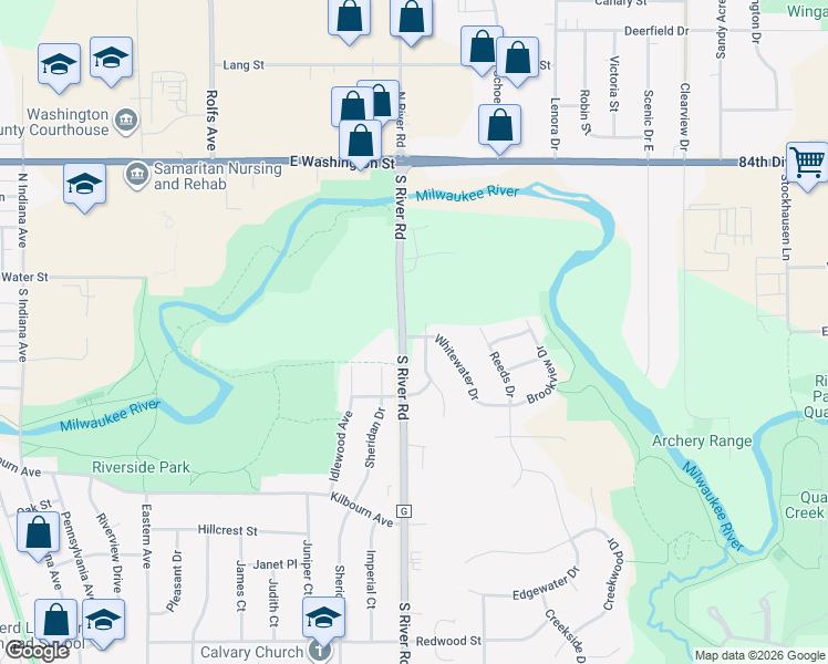 map of restaurants, bars, coffee shops, grocery stores, and more near 1422 Whitewater Drive in West Bend