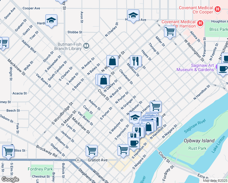 map of restaurants, bars, coffee shops, grocery stores, and more near 129 North Bond Street in Saginaw