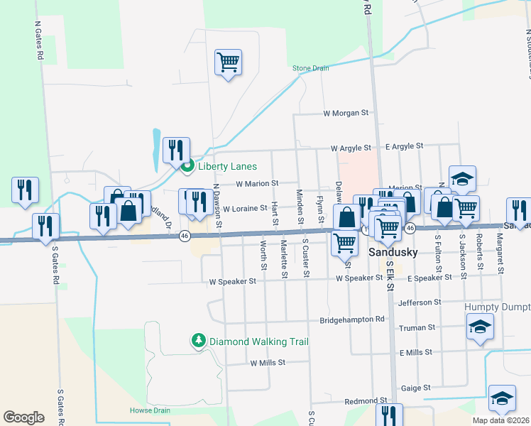 map of restaurants, bars, coffee shops, grocery stores, and more near 317 West Loraine Street in Sandusky