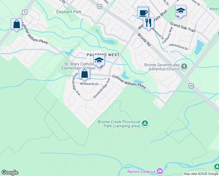 map of restaurants, bars, coffee shops, grocery stores, and more near 3161 Saddleworth Crescent in Oakville