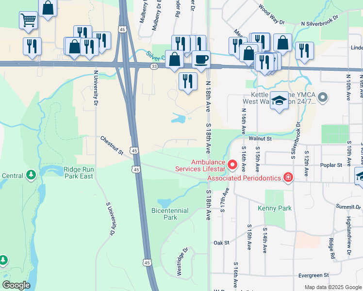 map of restaurants, bars, coffee shops, grocery stores, and more near 1911 Hilltop Drive in West Bend