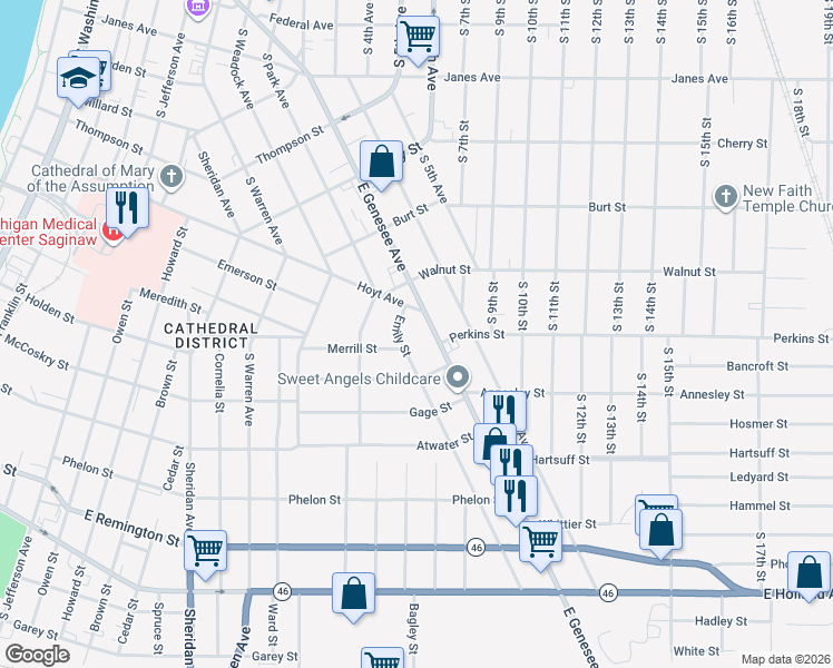 map of restaurants, bars, coffee shops, grocery stores, and more near 1419 East Genesee Avenue in Saginaw