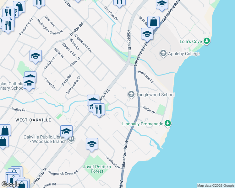 map of restaurants, bars, coffee shops, grocery stores, and more near 261 Vinova Court in Oakville