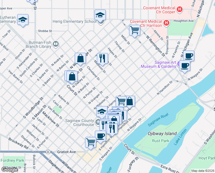 map of restaurants, bars, coffee shops, grocery stores, and more near 403 North Granger Street in Saginaw