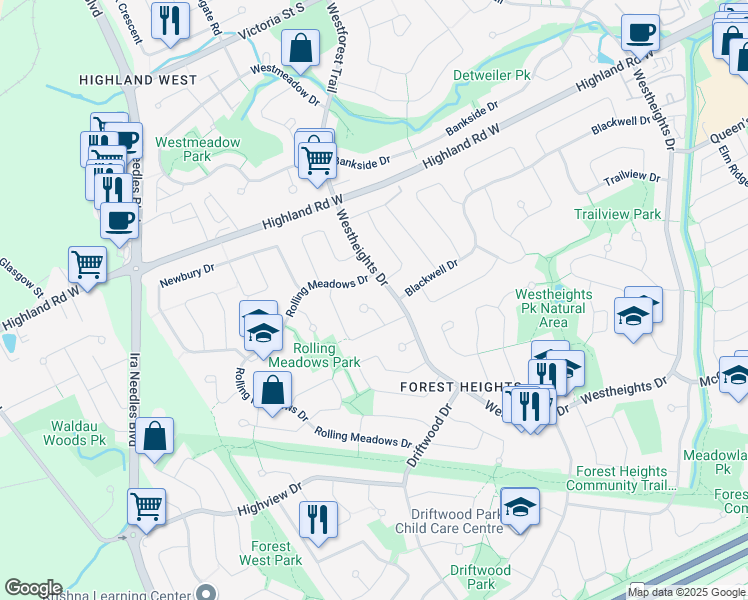map of restaurants, bars, coffee shops, grocery stores, and more near 222 Westview Court in Kitchener