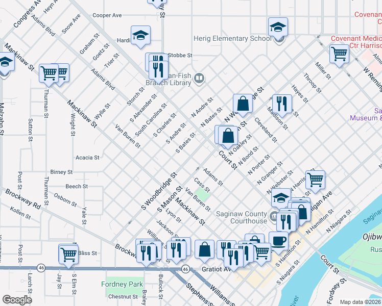 map of restaurants, bars, coffee shops, grocery stores, and more near 1400 Adams Street in Saginaw