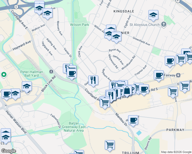 map of restaurants, bars, coffee shops, grocery stores, and more near 134 Siebert Avenue in Kitchener