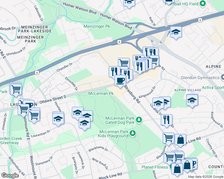 map of restaurants, bars, coffee shops, grocery stores, and more near 795 Ottawa Street South in Kitchener